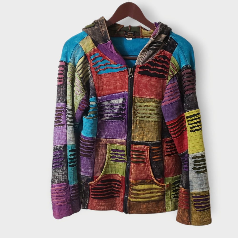 Rising International Patchwork Boho Hippie Zip Up Hoodie Jacket Nepal Medium